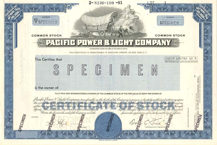 Pacific Power and Light Co. - Utility Specimen Stock Certificate